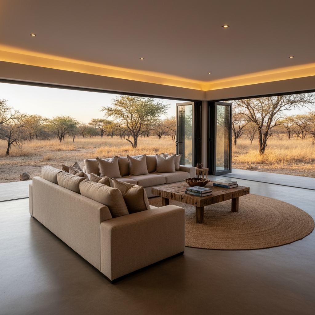 An inviting open-plan living area of a Marloth Park lodge, captured in photographic realism. A large, L-shaped beige linen sofa with plush cushions faces a low reclaimed-wood coffee table, where a decorative wooden bowl and safari-inspired books rest neatly. The floor is polished concrete with a subtle matte finish, complemented by a neutral jute rug. Wide stacking glass doors open directly onto the bush, revealing thorn trees and soft, dry grass beyond. Warm, indirect ceiling lighting combines with soft evening natural light, creating a calm and refined atmosphere. Shot from a slightly elevated corner angle with a wide lens, the composition showcases the seamless indoor-outdoor flow, modern comfort, and understated African chic décor without any clutter.
