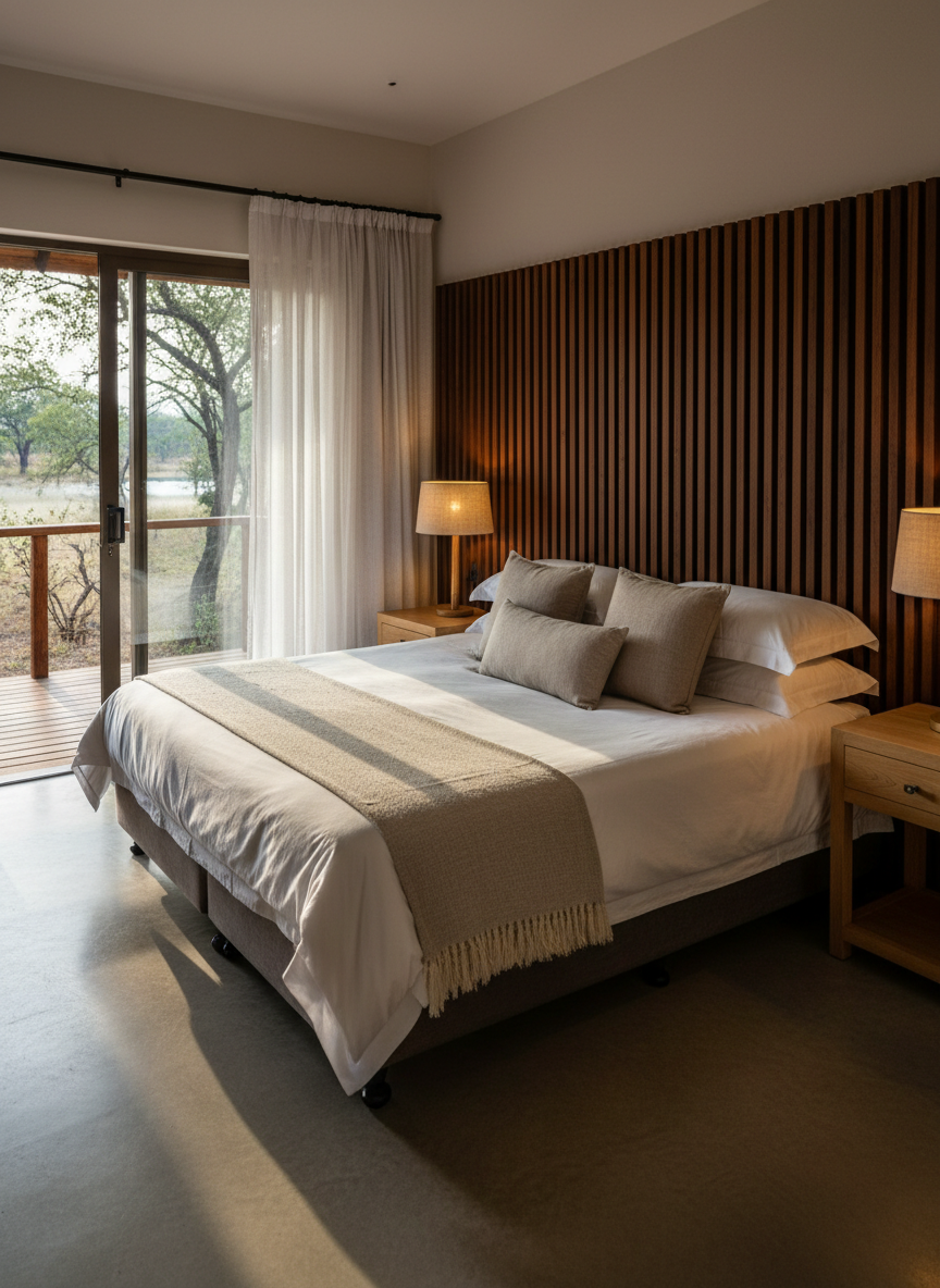 A refined lodge bedroom in Marloth Park designed for comfort and elegance, shown in photographic realism. A king-size bed with crisp white cotton linens, a light taupe throw, and neatly arranged neutral cushions stands against a headboard of vertical, dark-stained wooden slats. At each side of the bed, minimal oak bedside tables support simple, warm-toned lamps with linen shades. Sliding glass doors open onto a small private deck, where the outlines of bush trees and a distant waterhole can be seen. Morning light filters through sheer white curtains, casting soft, diffused illumination across the room and creating gentle shadows along the polished concrete floor. The composition is centered on the bed, with clean lines, uncluttered décor, and an atmosphere of restful, upscale serenity.